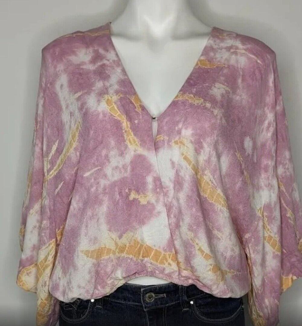 Young Fabulous And Broke Sz Med Pink Purple Long Sleeve Faux Wrap Hook & Eye Top